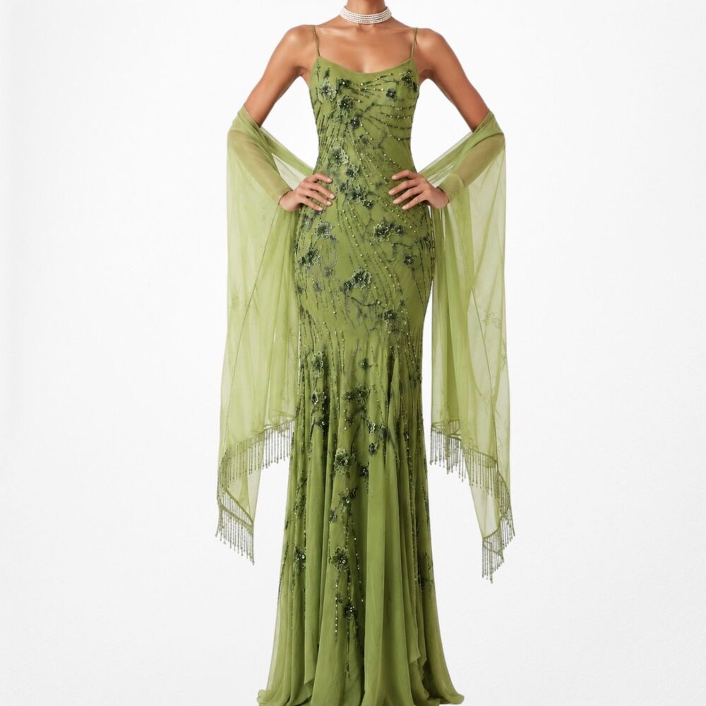 Vintage Y2K Olive Green Floral Beaded Bodycon Prom Shawl Dress Size S - Picture 4 of 17